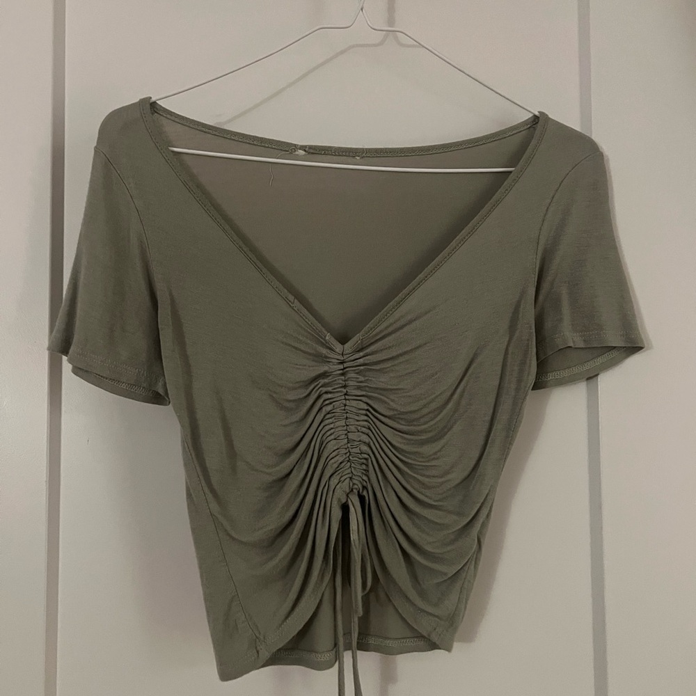 Women’s Small Ruched Olive Green Crop Drop Front Top Cute Flirty